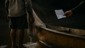 Pescador de costas na beira do rio ao lado do bote, recebendo um papel dobrado da mão de outra pessoa, em cena de autuação