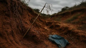 Parede de terra vermelha desmoronada com raizes expostas e muda seca em tutor caido, area degradada que deveria ter sido recuperada