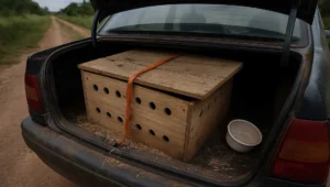 Caixa de madeira com furos de ventilacao amarrada no porta-malas de carro em estrada de fronteira, cena de introducao de animal no pais