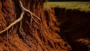 Vocoroca antiga em solo vermelho com raizes expostas, dano ambiental discutido em sentenca sem fundamentacao.