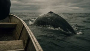 Proa de embarcacao pequena bem perto do dorso de uma baleia emergindo na superficie do mar aberto, ilustrando aproximacao de cetaceo