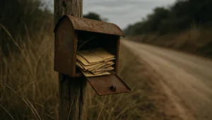 Caixa de correio rural enferrujada com correspondência antiga acumulada, retratando o auto de infração ambiental notificado só anos depois