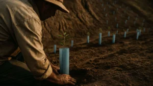 Produtor rural de costas plantando muda com protetor azul em area degradada em recuperacao, tema da reparacao do dano ambiental