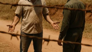 Produtor rural de braços abertos diante de agente de fiscalização, visto através do arame da cerca em estrada de terra