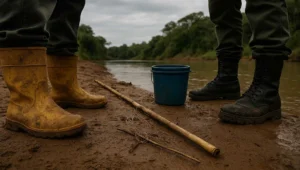 Pescador de galochas amarelas diante de fiscal na margem do rio, com vara e balde vazio, cena de infração administrativa sem crime
