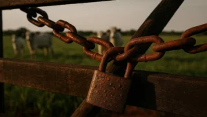 Corrente e cadeado fechando porteira de fazenda com pasto verde intacto ao fundo, cena de infracao ambiental formal