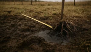 Nascente brotando no pasto com trena esticada ao lado no chao, cena que ilustra a comprovacao de APP in loco na propriedade rural