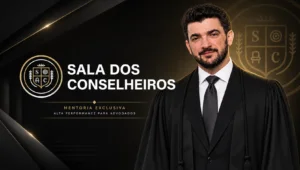 Cláudio Farenzena de toga ao lado do brasão da Sala dos Conselheiros, mentoria exclusiva de alta performance para advogados