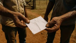 Mãos calejadas de dois homens segurando um papel dobrado diante da porteira de uma fazenda, cena ligada à multa ambiental do antigo dono
