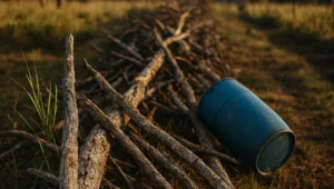 Leira antiga de galhada derrubada tomada por capim em propriedade rural, cena de infracao ambiental praticada ha anos