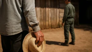 Produtor rural segura chapeu de palha amassado no quintal enquanto agente de fiscalizacao ambiental aparece desfocado ao fundo
