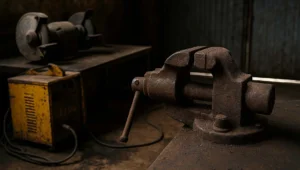 Maquina de solda e esmerilhadeira paradas e empoeiradas em galpao de oficina rural fechada apos autuacao por falta de licenca ambiental