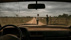 Entrega de citação a produtor rural em execução fiscal de multa ambiental, vista de dentro de caminhonete na propriedade