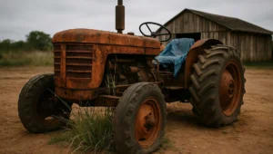 Trator agrícola apreendido parado há tempo num pátio, símbolo do processo suspenso durante o recurso administrativo