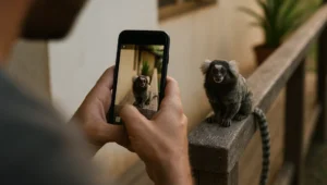 Mãos segurando celular filmando um sagui numa varanda, ilustrando o uso da imagem de animal silvestre em redes sociais