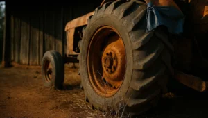 Pneu rachado de trator agrícola parado há anos com capim crescido entre as garras e lona azul rasgada no para-lama