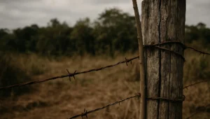 Moirão rachado com arame enferrujado diante da capoeira que tomou a antiga lavoura, mostrando o tempo corrido sem julgamento