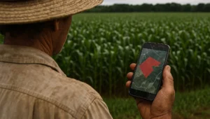 Produtor rural confere no celular o mapa de satélite de um auto de infração diante da lavoura intacta, sem vistoria no local