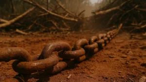Corrente grossa e enferrujada de correntão esticada sobre terra revolvida em frente de derrubada, cena de desmatamento a corte raso de vegetação nativa