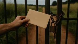 Envelope em branco entregue por entre as grades de um portão rural trancado, símbolo do prazo da execução fiscal sem defesa apresentada