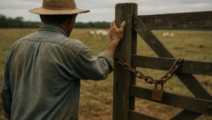 Produtor rural de costas diante de porteira fechada com corrente e cadeado, pasto vazio ao fundo, em acao civil publica ambiental com onus da prova invertido