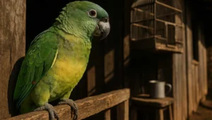 Papagaio verde adulto pousado em poleiro de madeira na varanda de casa rural, com gaiola antiga aberta ao fundo desfocada