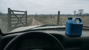Vista de dentro da caminhonete para porteira aberta e pastagem com tocos antigos de árvores, área rural comprada com passivo ambiental