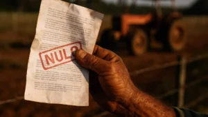 Mão de produtor rural suja de terra segura folha com carimbo NULO diante de trator parado, sobre qual norma aplicar no auto de infração