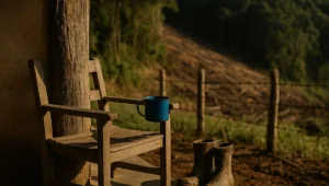 Varanda de casa antiga de propriedade rural com cadeira de madeira e botas, mata de encosta ao fundo, dentro de unidade de conservacao nao desapropriada