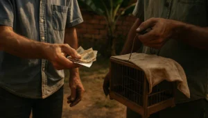 Maos trocando dinheiro e um papel dobrado por uma gaiola coberta em quintal rural, cena da compra de animal silvestre discutida no artigo 29