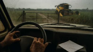 Maos de produtor rural ao volante da caminhonete diante da lavoura parada e do portao fechado da propriedade embargada