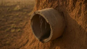 Tubo de concreto quebrado exposto pela erosão em área rural abandonada, cenário de multa ambiental cobrada muitos anos depois