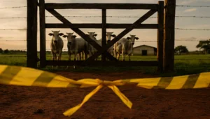 Fita de interdição amarela esticada na porteira de propriedade rural com bois parados atrás da cerca