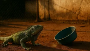Iguana verde no quintal de terra batida ao lado de vasilha azul tombada, em cena de animal exotico mantido em residencia