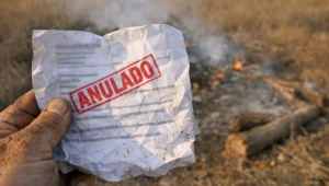 Mão calejada e suja de terra segura o papel do auto de infração ambiental com carimbo vermelho ANULADO, em pasto seco desfocado