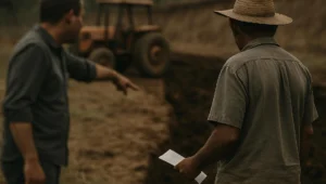 Produtor e técnico frente a frente na borda de talhão terraplenado discutindo impacto ambiental e dano ambiental