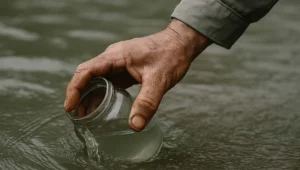 Mao submergindo frasco de vidro na agua de corrego de propriedade rural para coletar amostra, prova tecnica da defesa em inquerito civil ambiental