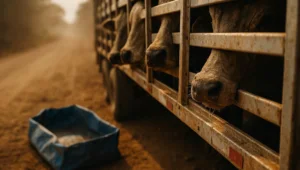 Focinhos de bovinos comprimidos contra as grades de uma carreta boiadeira parada, cena ligada a maus-tratos a animais no transporte.