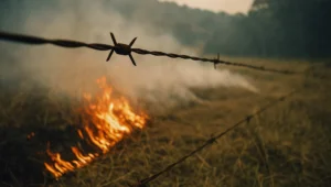 Frente de fogo baixa avancando em pastagem seca atras de cerca de arame, cena cuja autoria a acusacao precisa provar em juizo
