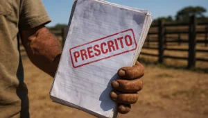 Mão suja de terra segurando a cópia do processo administrativo com carimbo vermelho de prescrito
