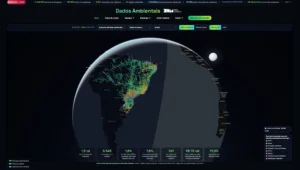 Tela do painel Dados Ambientais com globo 3D do Brasil e colunas coloridas de autos de infração por município