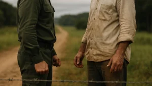 Produtor rural e agente de fiscalização fardado frente a frente na beira de estrada de terra, logo depois da autuação em campo