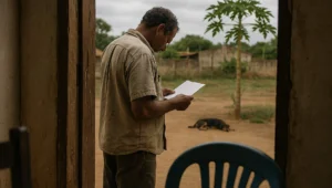 Homem de costas na varanda de casa rural lendo uma folha de papel, cena da defesa em ação penal por crime ambiental contra a fauna