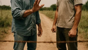 2 produtores rurais frente a frente em estrada de terra, maos gesticulando, vistos atras do arame da cerca da propriedade