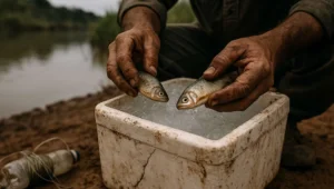 Mãos de pescador segurando peixes pequenos sobre caixa de isopor na margem do rio, cena ligada à descrição do auto de infração