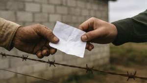 Documento dobrado passando de mão calejada de produtor rural para outra mão, através do arame de uma cerca de propriedade rural
