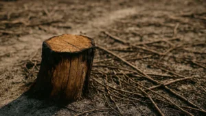 Toco cortado e queimado em primeiro plano e clareira extensa desfocada ao fundo, area de dano ambiental discutida em acao civil publica