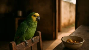 Papagaio empoleirado no encosto de cadeira de madeira em cozinha de casa rural, cena de guarda domestica de animal silvestre
