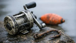 Molinete e anzol de pesca sobre pedra na margem, sem peixe, cena da infração formal de pesca sem apreensão de pescado