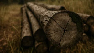 Tora de madeira nativa acinzentada pelo tempo em leira de clareira antiga, imagem sobre o prazo de prescrição da multa ambiental